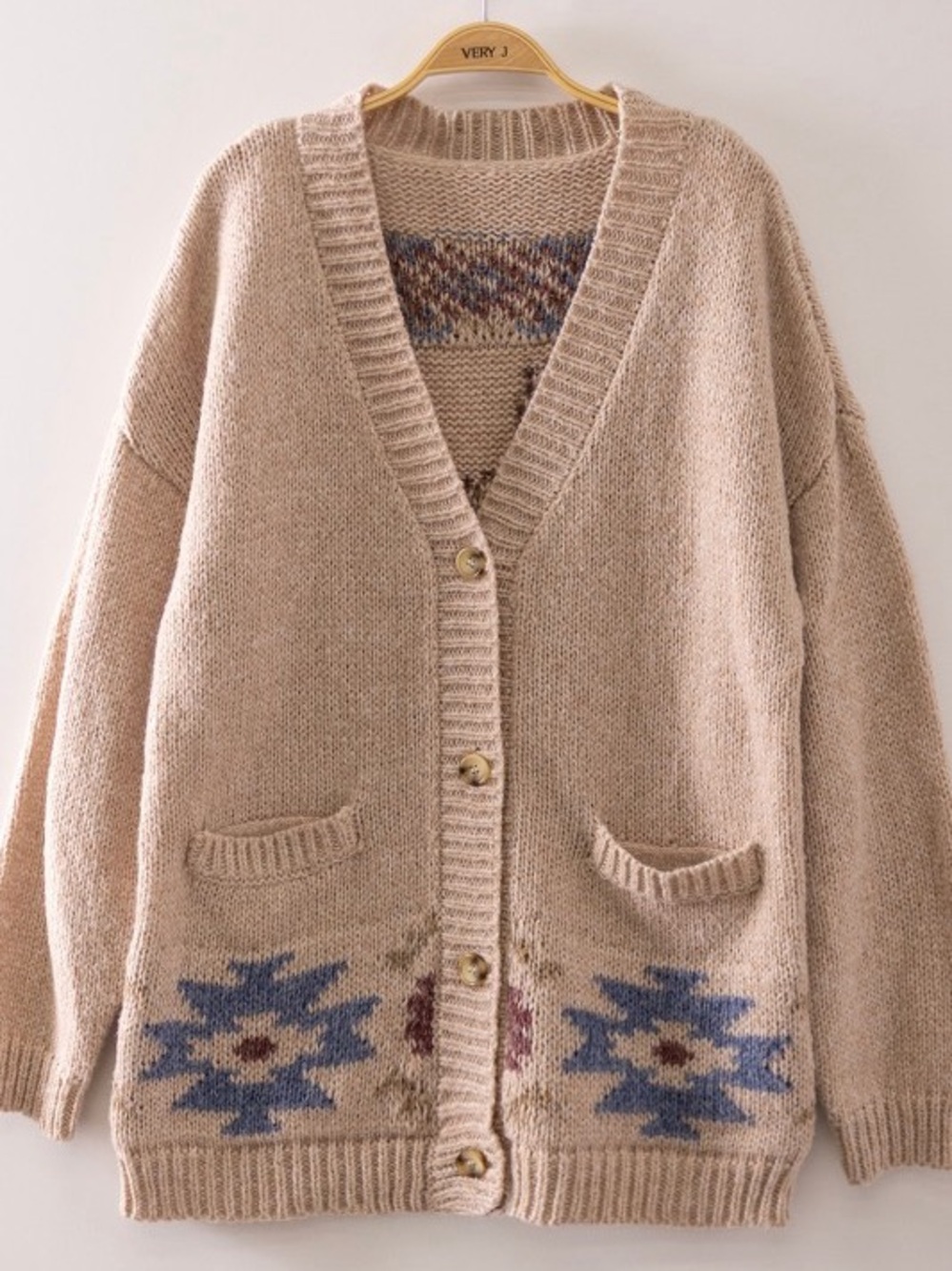Beige horse embroidered knit western boho Aztec cardigan sweater jacket top - Picture 2 of 3